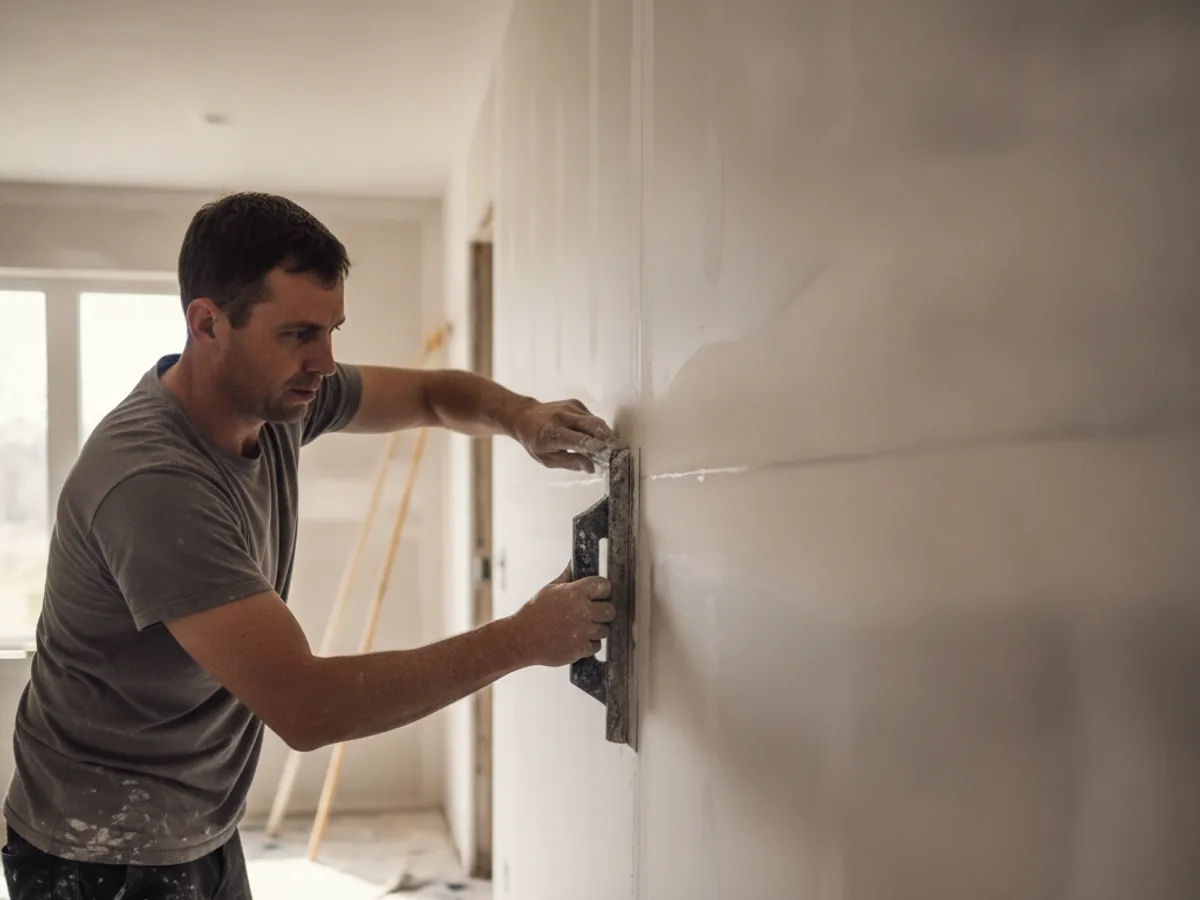 Technician taping and mudding a drywall seam in an El Paso home